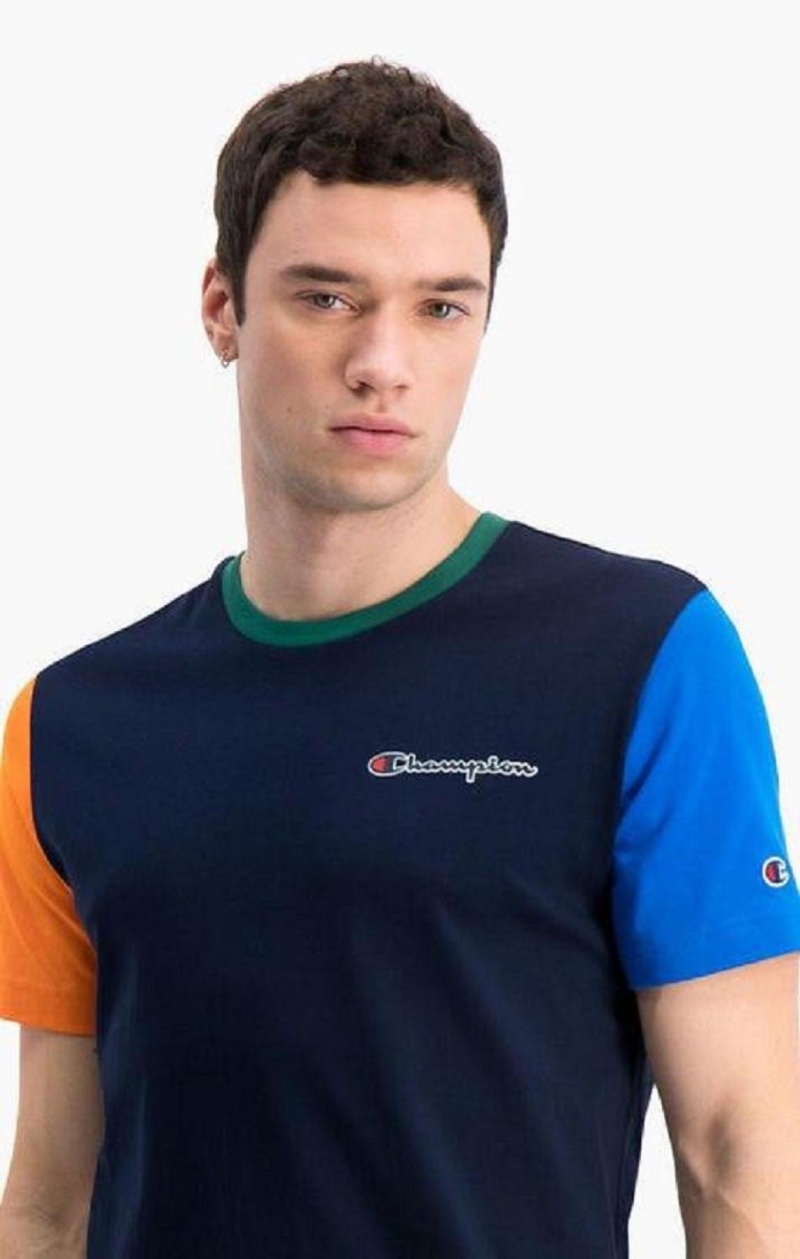 Champion Contrast Colour Block Sleeve T-Shirt Erkek Tişört Koyu Mavi | 4257-NPWIG