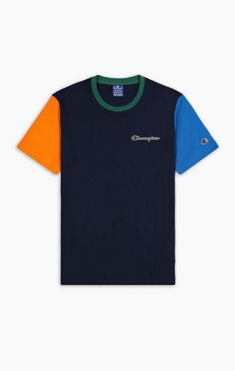 Champion Contrast Colour Block Sleeve T-Shirt Erkek Tişört Koyu Mavi | 4257-NPWIG