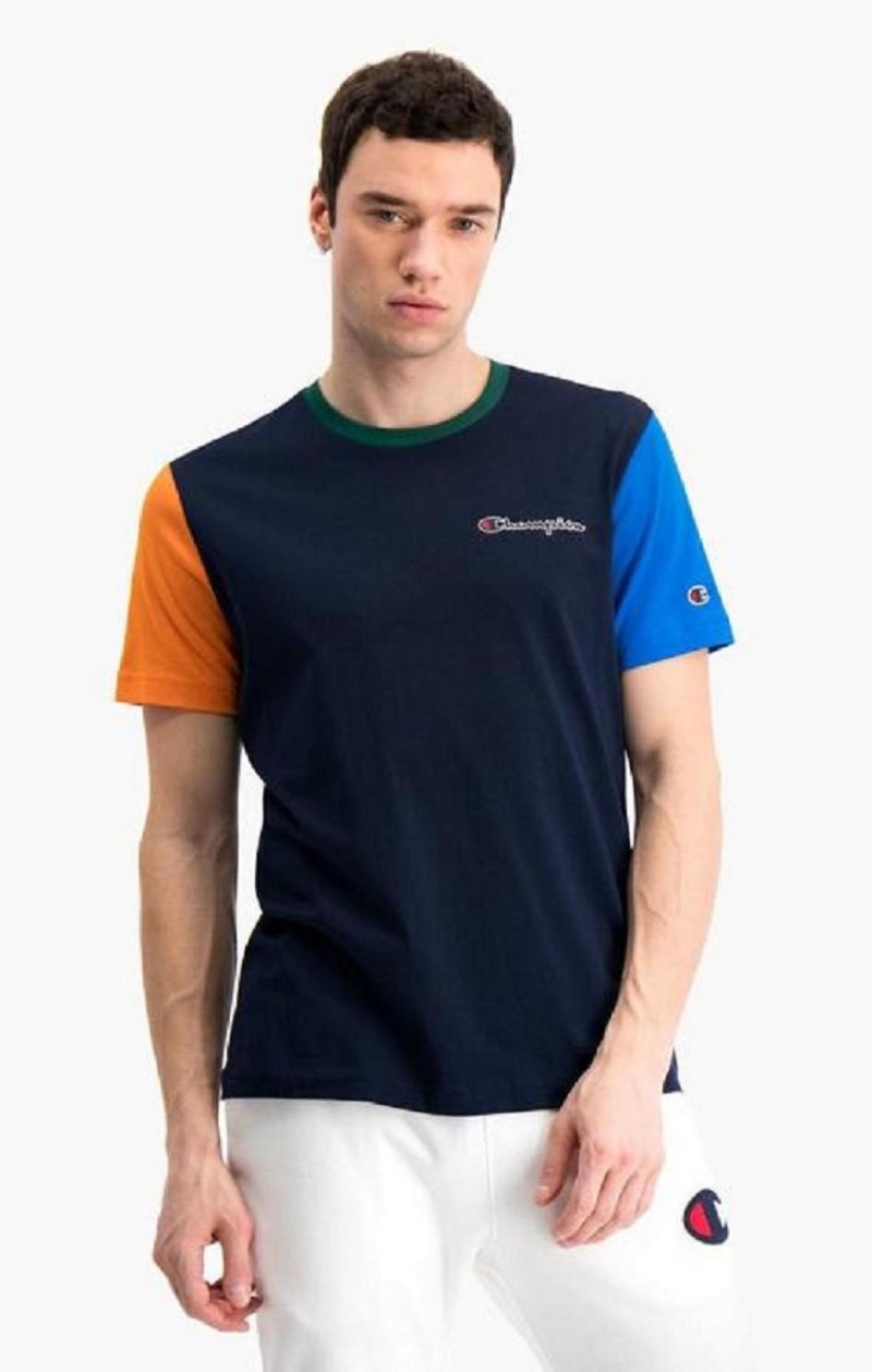 Champion Contrast Colour Block Sleeve T-Shirt Erkek Tişört Koyu Mavi | 4257-NPWIG