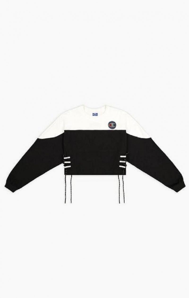 Champion Dantel Up Side Colour Block Copped Sweatshirt Kadın Tişörtü Siyah Beyaz | 8625-AFYES