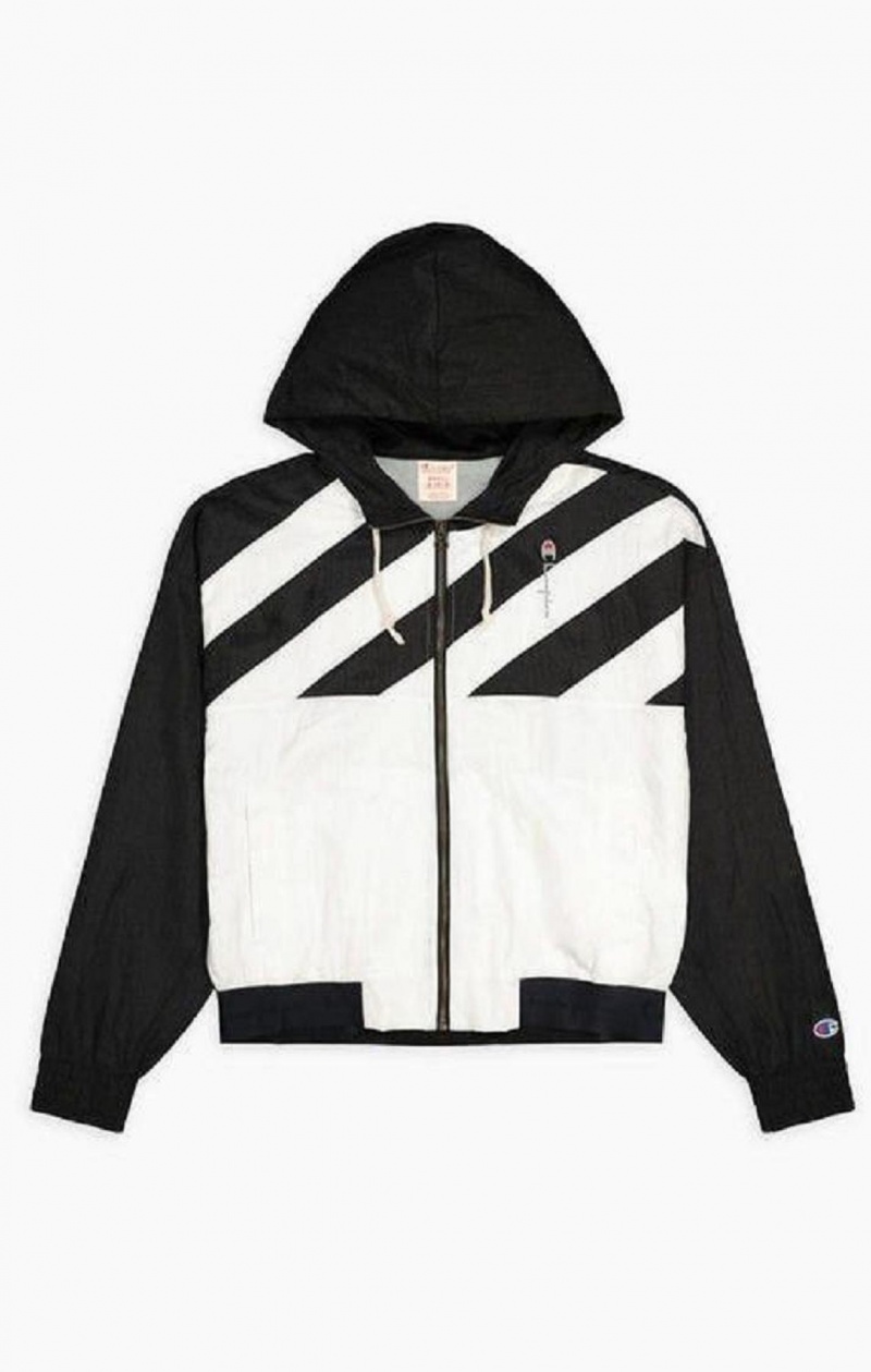 Champion Diagonal Stripe Kukuletalı Rain Jacket Kadın Mont Siyah Beyaz | 0367-ODBHT