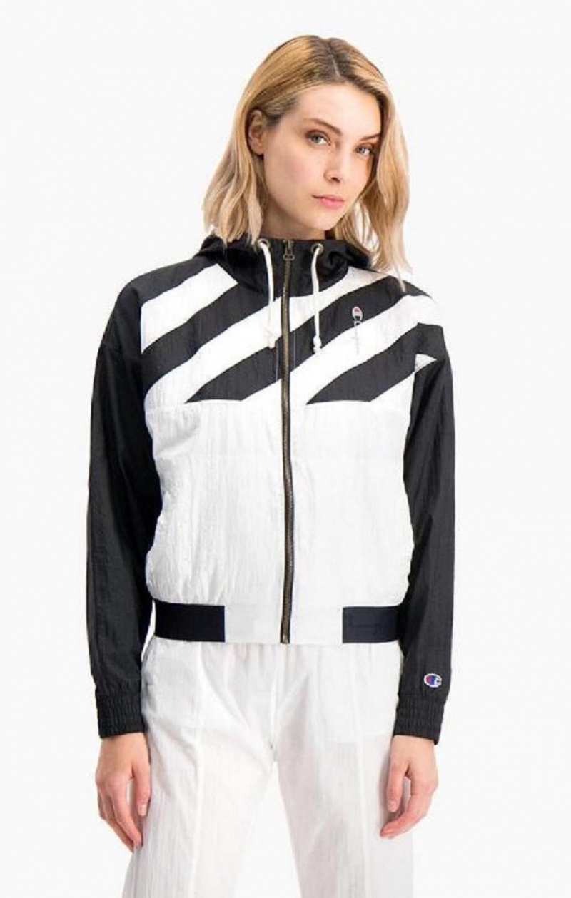 Champion Diagonal Stripe Kukuletalı Rain Jacket Kadın Mont Siyah Beyaz | 0367-ODBHT