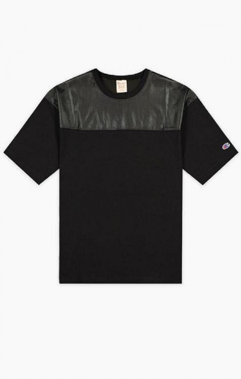 Champion Faux Deri Panel T-Shirt Erkek Tişört Siyah | 9235-XELRF