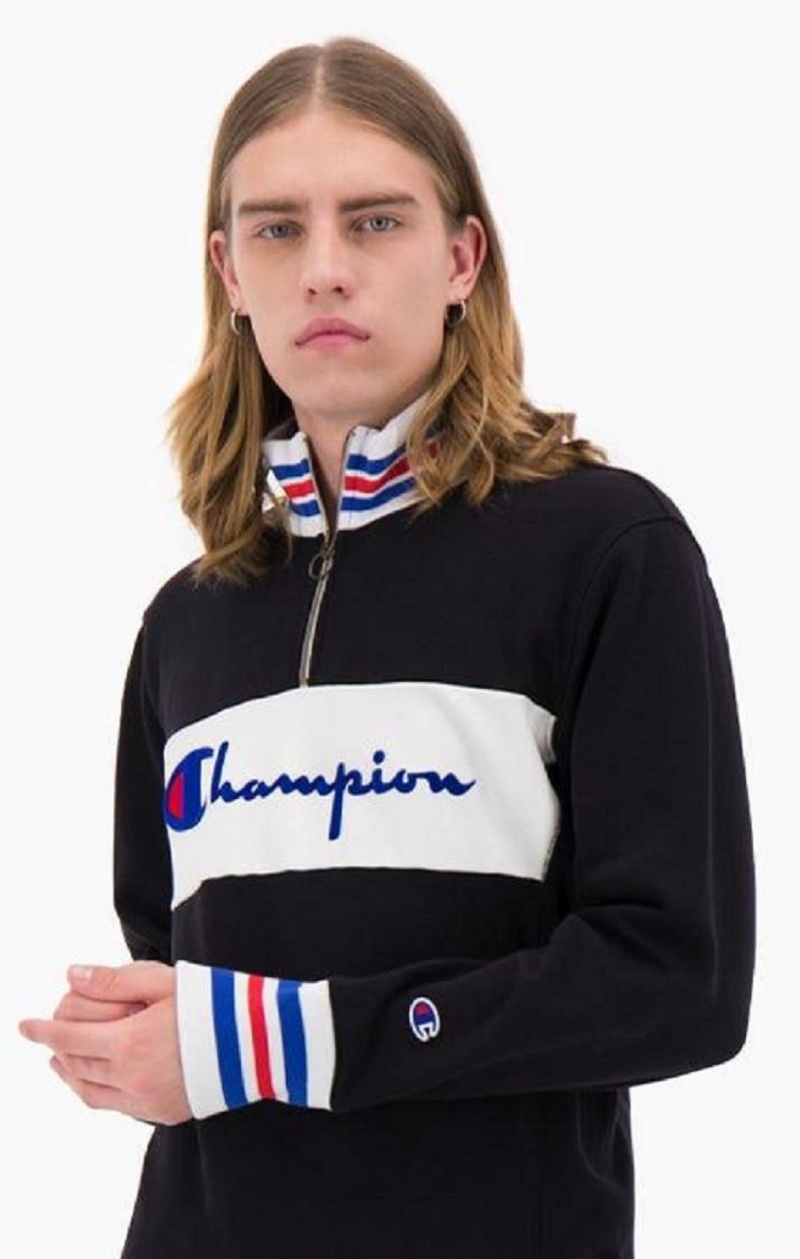 Champion Half Zip-Up Script Logo Sweatshirt Erkek Tişörtü Siyah | 1549-XBZAS