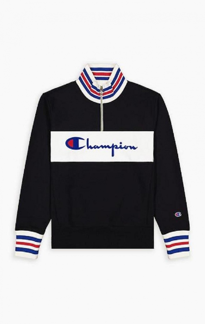 Champion Half Zip-Up Script Logo Sweatshirt Erkek Tişörtü Siyah | 1549-XBZAS