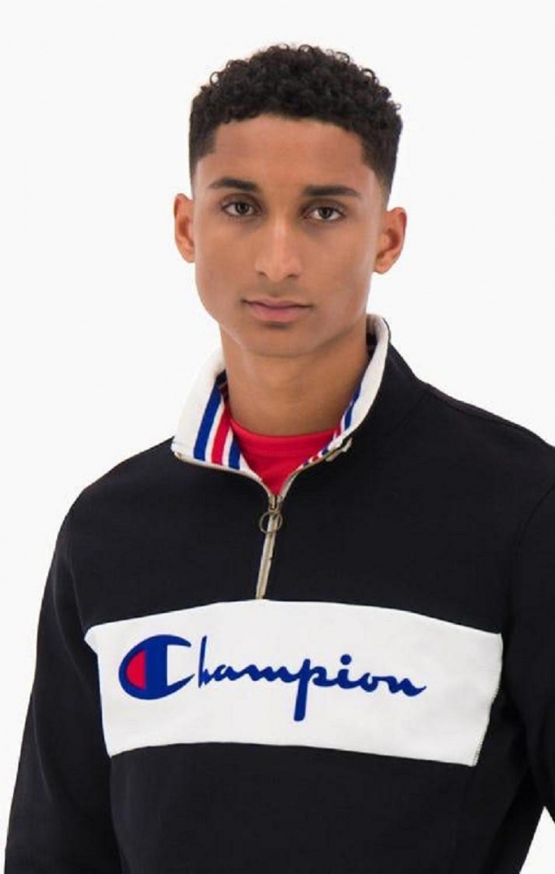 Champion Half Zip-Up Script Logo Sweatshirt Erkek Tişörtü Siyah | 0596-PVFKX