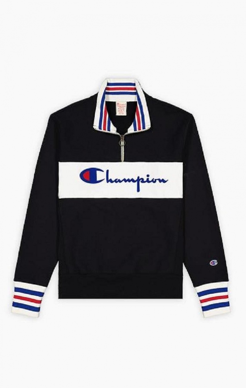 Champion Half Zip-Up Script Logo Sweatshirt Erkek Tişörtü Siyah | 0596-PVFKX