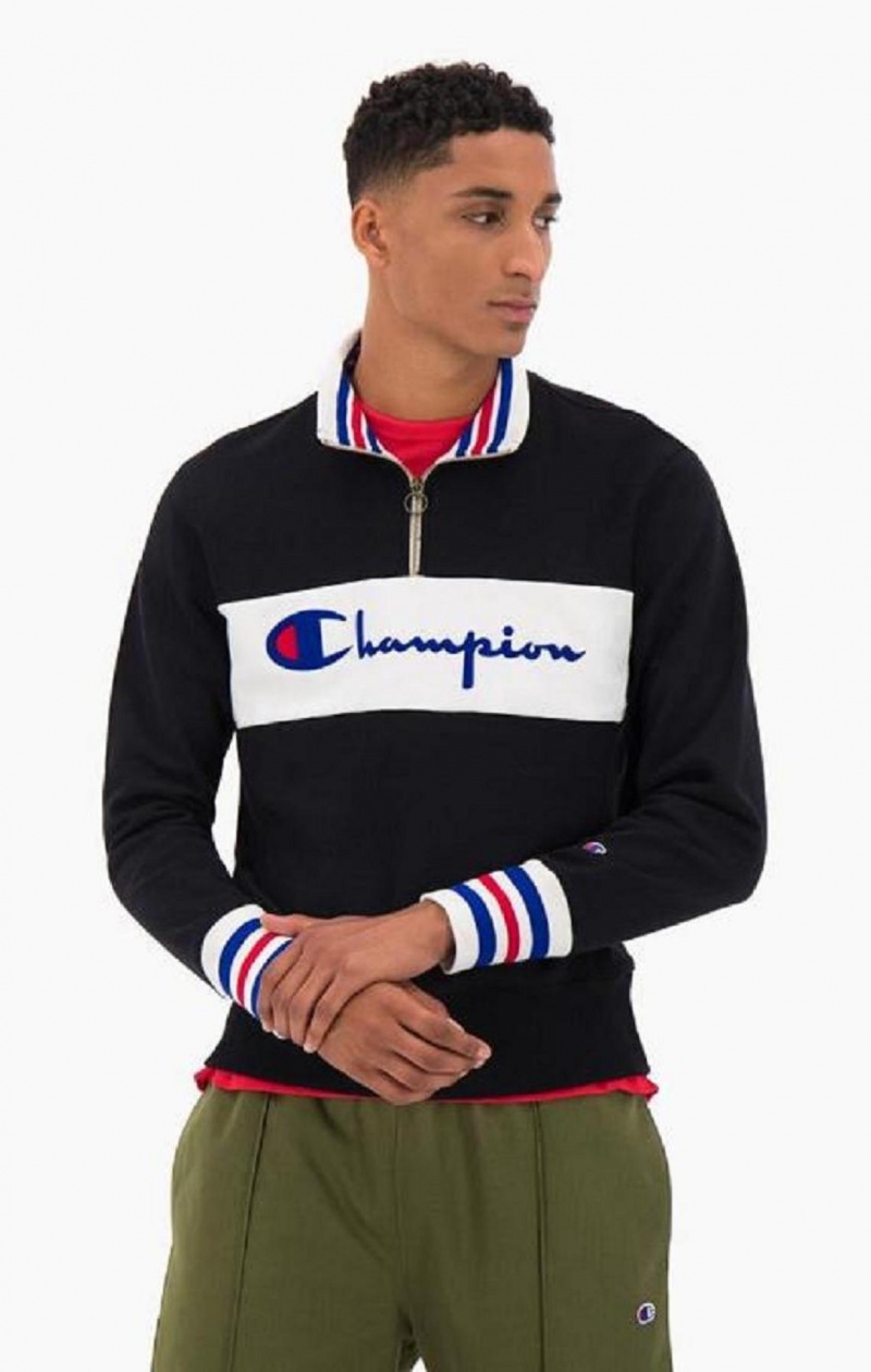 Champion Half Zip-Up Script Logo Sweatshirt Erkek Tişörtü Siyah | 0596-PVFKX