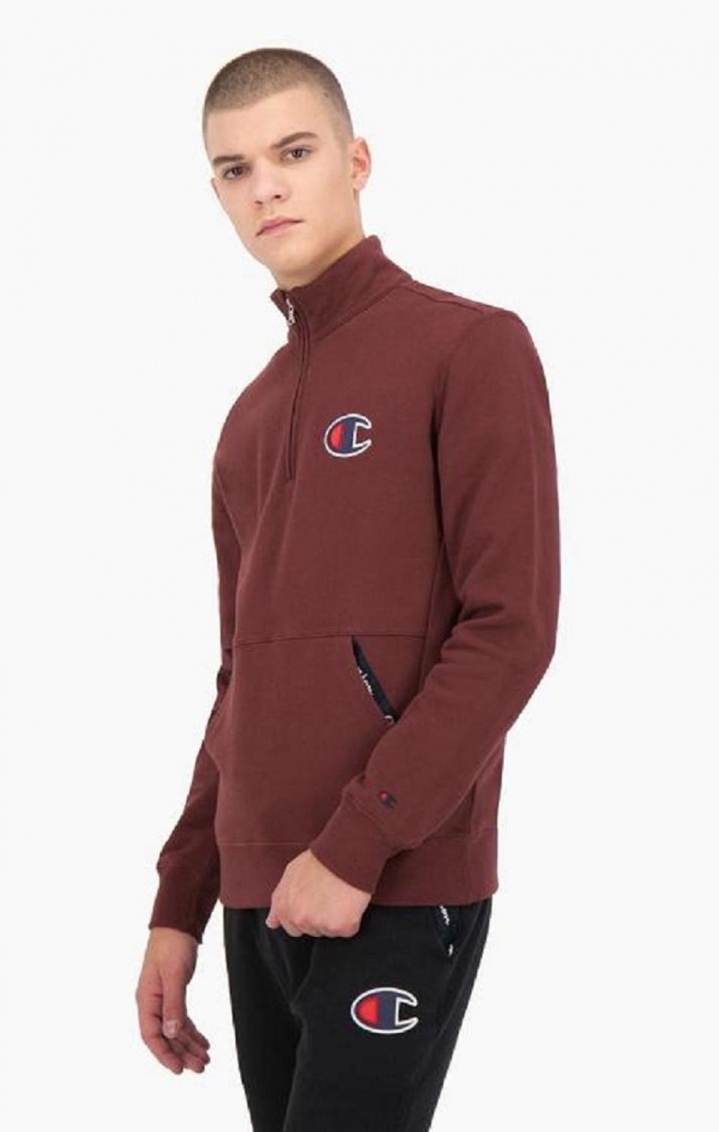 Champion Half Zip-Up Süet C Sweatshirt Erkek Tişörtü Kahverengi | 8246-DHAET