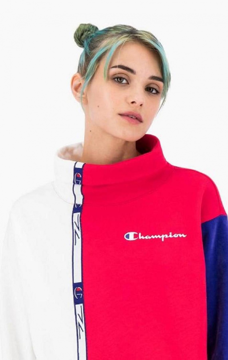 Champion High Neck Colour Block Retro Sweatshirt Kadın Tişörtü Kırmızı Beyaz | 7821-TECDJ