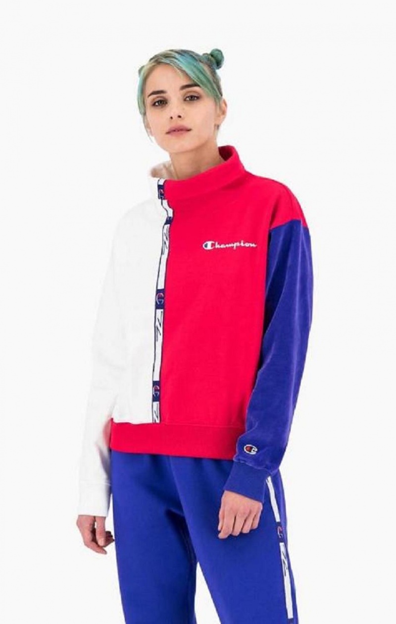 Champion High Neck Colour Block Retro Sweatshirt Kadın Tişörtü Kırmızı Beyaz | 7821-TECDJ