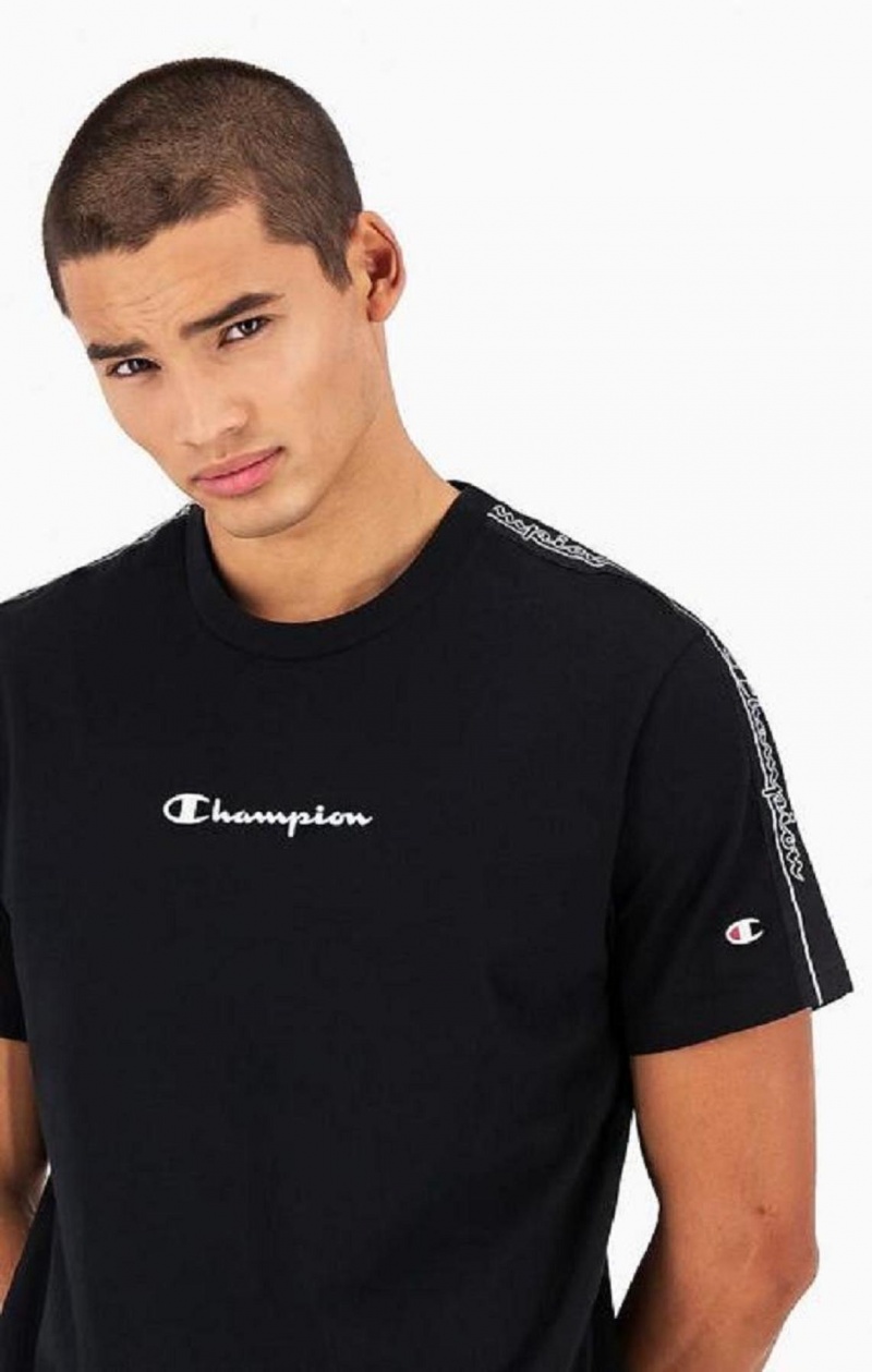 Champion Jacquard Logo Tape T-Shirt Erkek Tişört Siyah | 8301-DWXUK