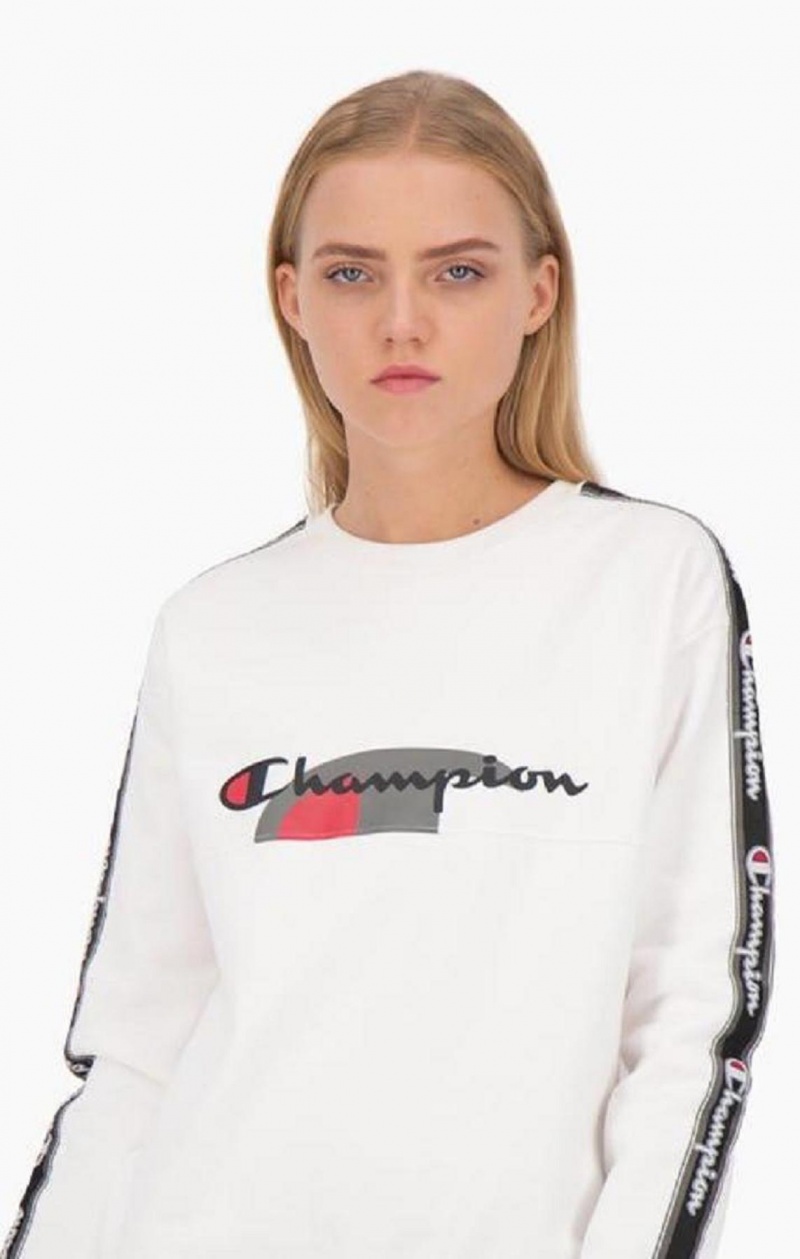 Champion Multi Logo Jacquard Tape Sweatshirt Kadın Tişörtü Beyaz | 8063-TFQVW