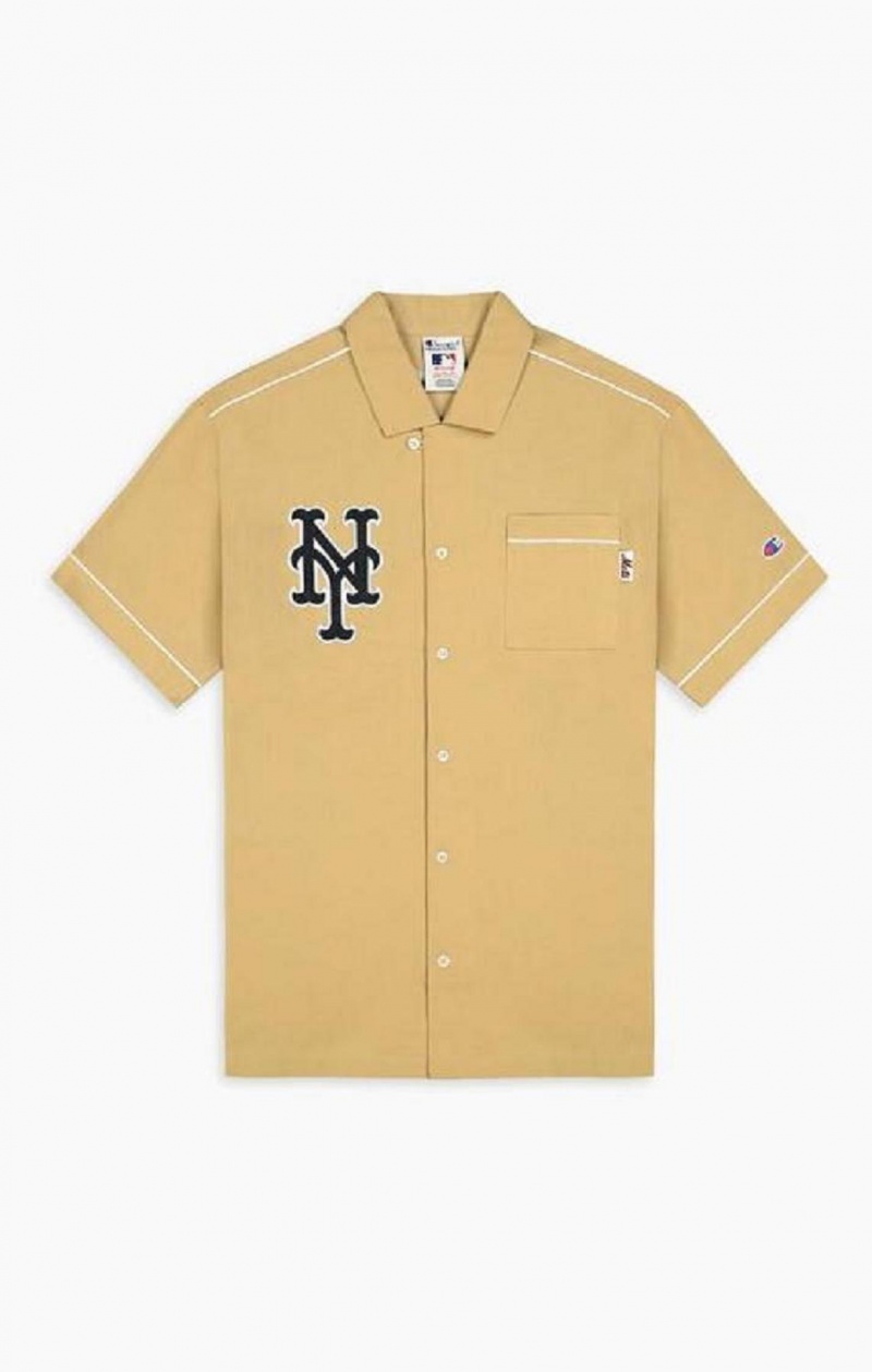 Champion New York MLB Kısa Sleeved Shirt Erkek Tişört Bej Rengi | 9821-WDBKO