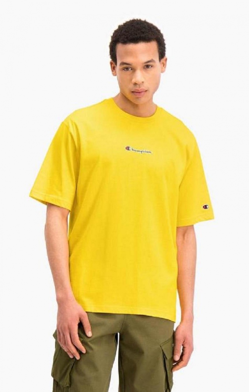 Champion Oversized Script Logo Print T-Shirt Erkek Tişört Altın | 2904-SILPU