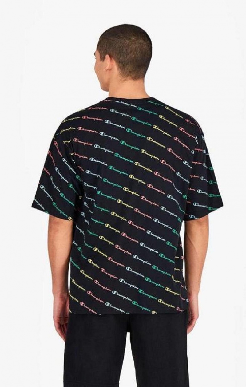 Champion Pastel All-Over Script Logo Print T-Shirt Erkek Tişört Siyah | 6290-KJUZN