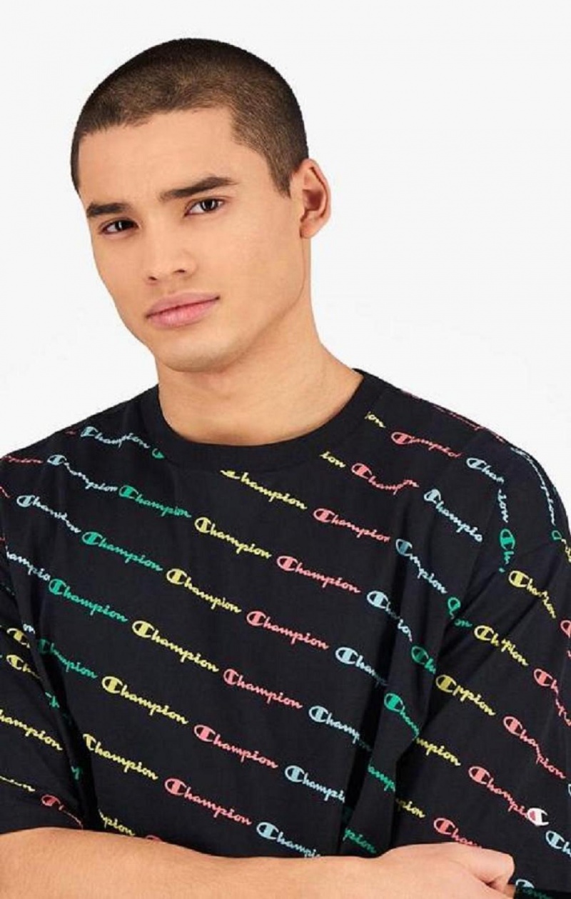 Champion Pastel All-Over Script Logo Print T-Shirt Erkek Tişört Siyah | 6290-KJUZN