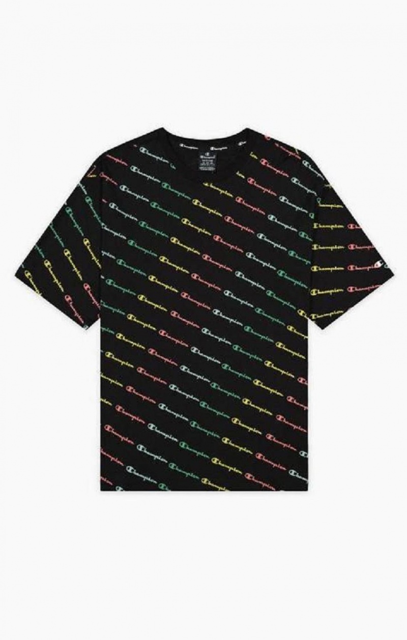 Champion Pastel All-Over Script Logo Print T-Shirt Erkek Tişört Siyah | 6290-KJUZN