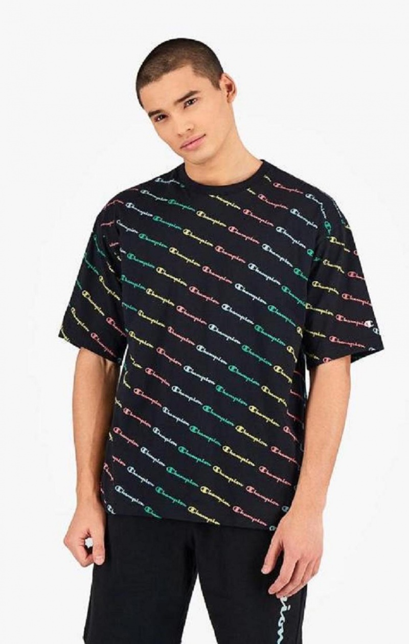 Champion Pastel All-Over Script Logo Print T-Shirt Erkek Tişört Siyah | 6290-KJUZN