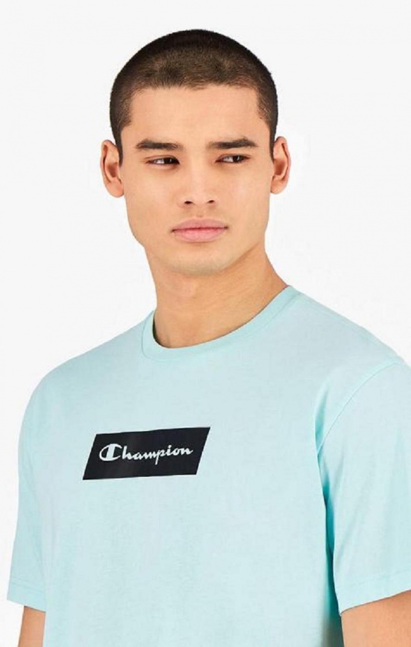 Champion Pastel Box Script Logo T-Shirt Erkek Tişört Açık Mavi | 4280-SRCAG