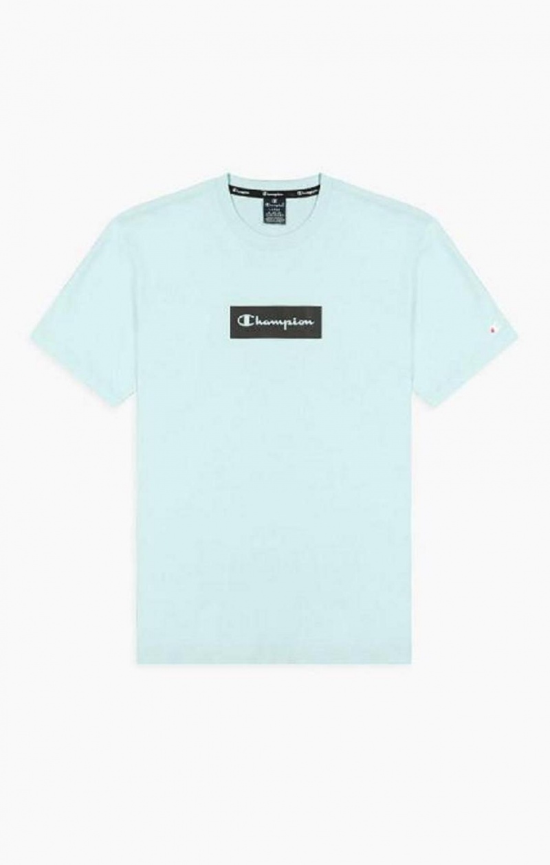 Champion Pastel Box Script Logo T-Shirt Erkek Tişört Açık Mavi | 4280-SRCAG