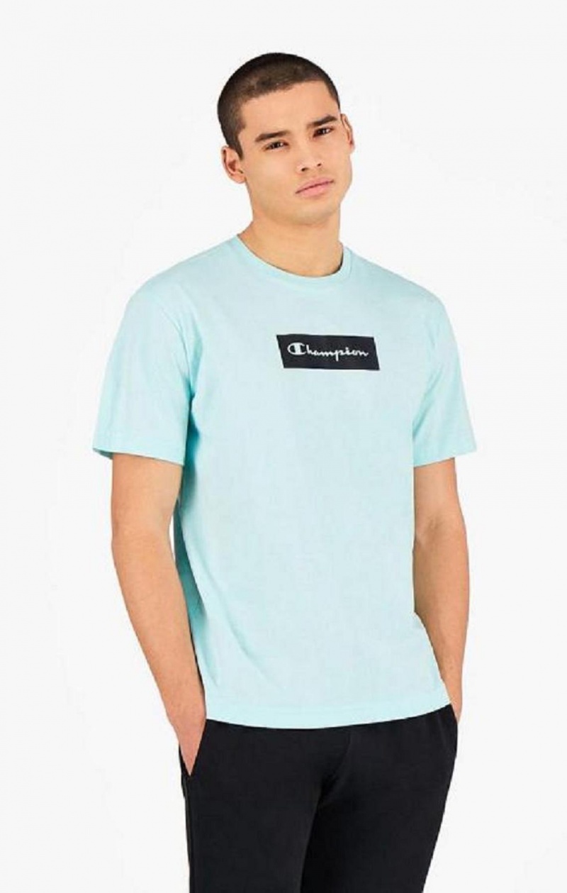 Champion Pastel Box Script Logo T-Shirt Erkek Tişört Açık Mavi | 4280-SRCAG