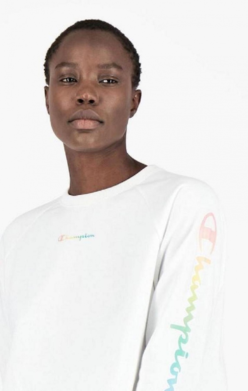 Champion Rainbow Script Logo Print Cropped Sweatshirt Kadın Tişörtü Beyaz | 9357-HNEMK