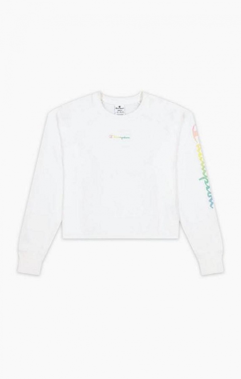 Champion Rainbow Script Logo Print Cropped Sweatshirt Kadın Tişörtü Beyaz | 9357-HNEMK