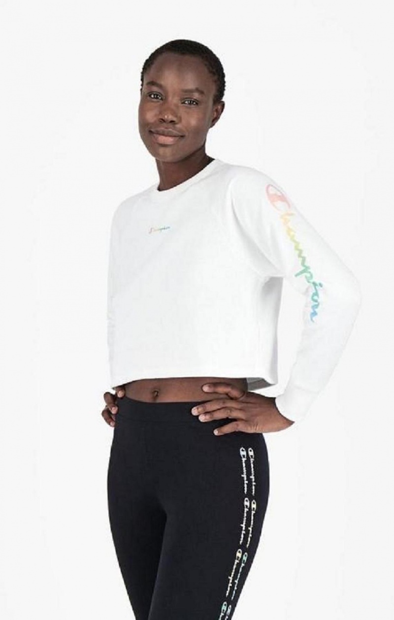 Champion Rainbow Script Logo Print Cropped Sweatshirt Kadın Tişörtü Beyaz | 9357-HNEMK