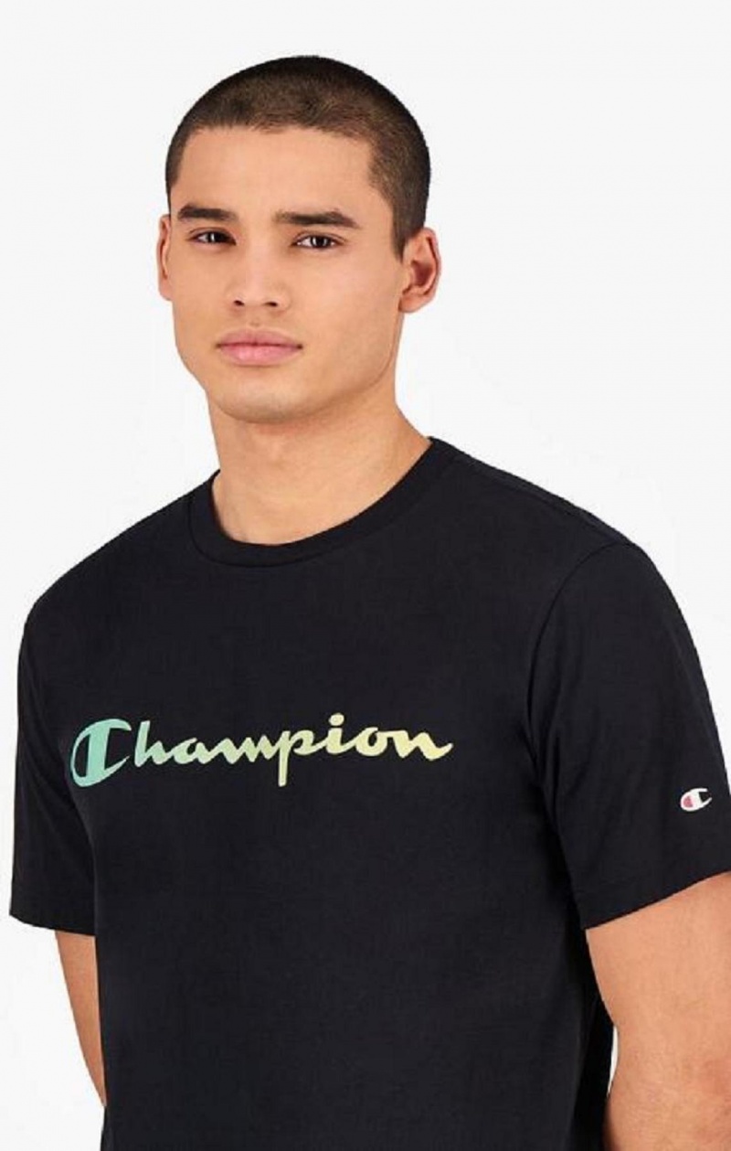 Champion Rainbow Script Logo T-Shirt Erkek Tişört Siyah | 3921-IQZXK