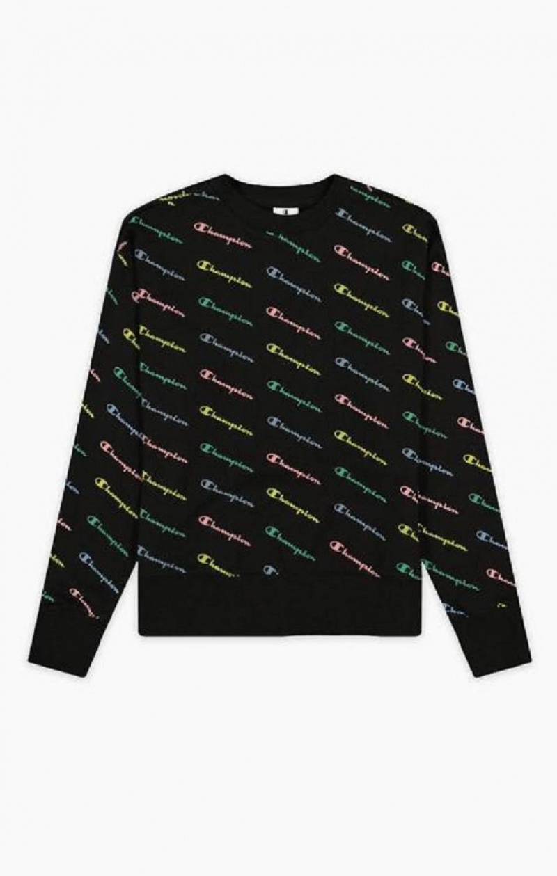 Champion Repeat Rainbow Script Logo Print Sweatshirt Kadın Tişörtü Siyah | 4076-ESPID