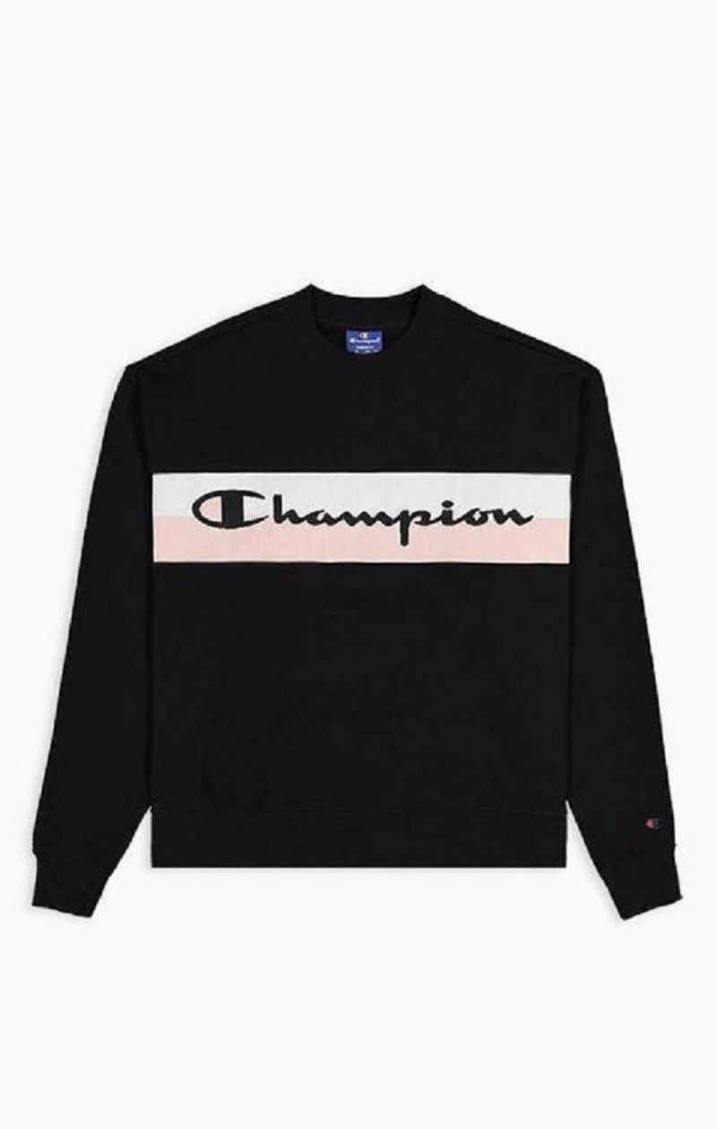 Champion Rib Insert Script Logo Pamuklu Terry Sweatshirt Kadın Tişörtü Siyah | 8679-AGMKL