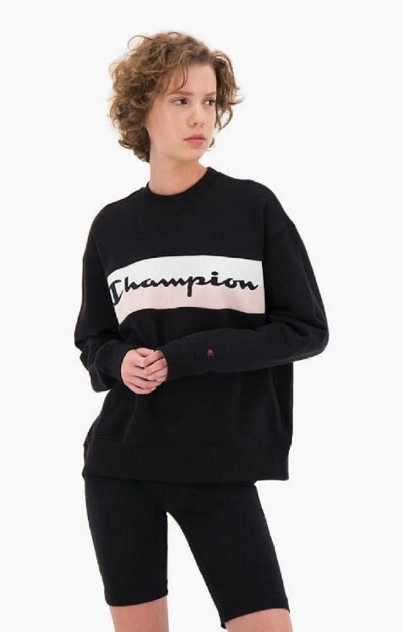 Champion Rib Insert Script Logo Pamuklu Terry Sweatshirt Kadın Tişörtü Siyah | 8679-AGMKL