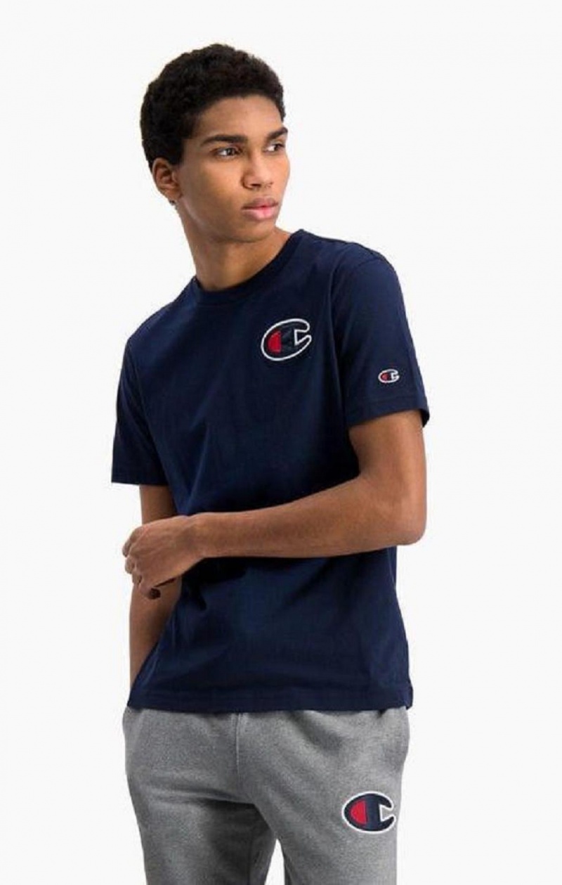 Champion Satin C Logo Crew Neck T-Shirt Erkek Tişört Koyu Turkuaz | 7985-LUGJN