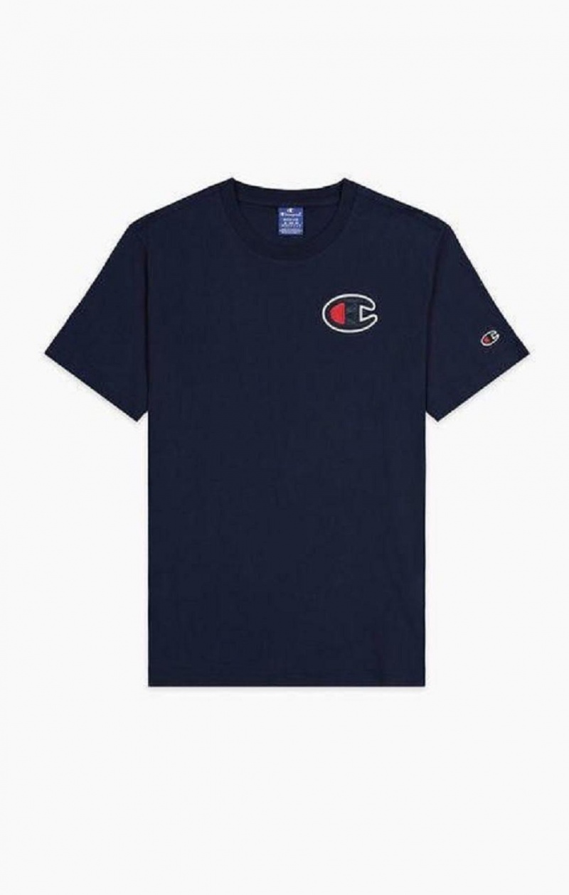 Champion Satin C Logo Crew Neck T-Shirt Erkek Tişört Koyu Turkuaz | 7985-LUGJN