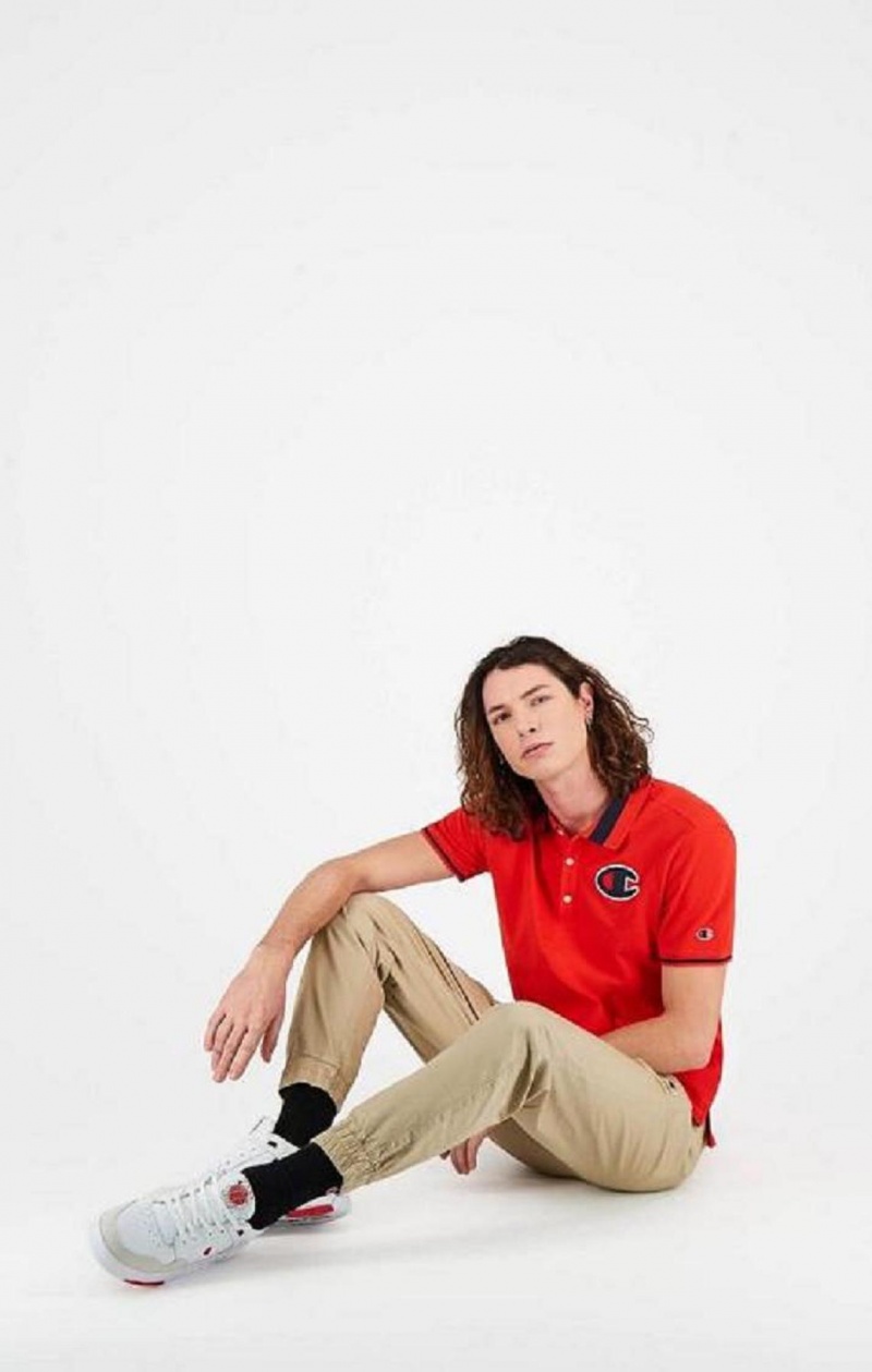 Champion Satin C Logo Polo Shirt Erkek Tişört Kırmızı | 9503-WDUNY