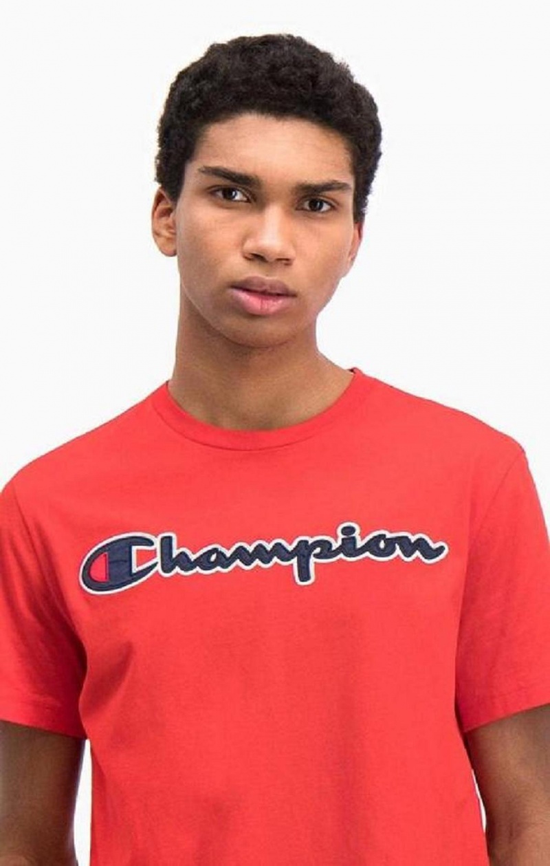 Champion Satin Script Logo T-Shirt Erkek Tişört Kırmızı | 3410-NSMDY