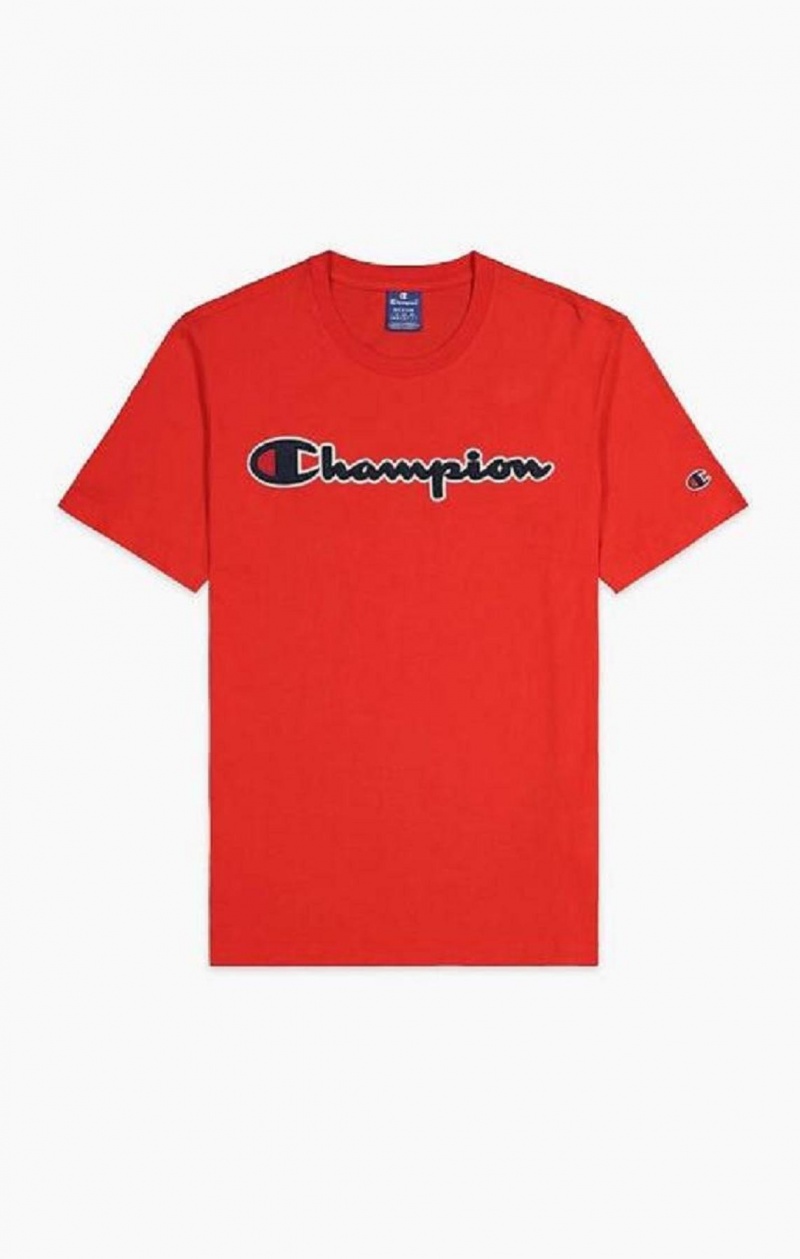 Champion Satin Script Logo T-Shirt Erkek Tişört Kırmızı | 3410-NSMDY