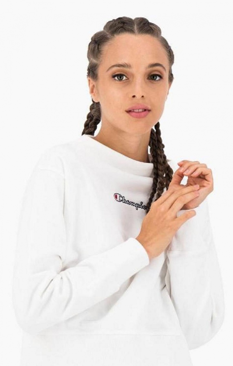 Champion Satin Stitch Script Logo Sweatshirt Kadın Tişörtü Beyaz | 7480-TROUX