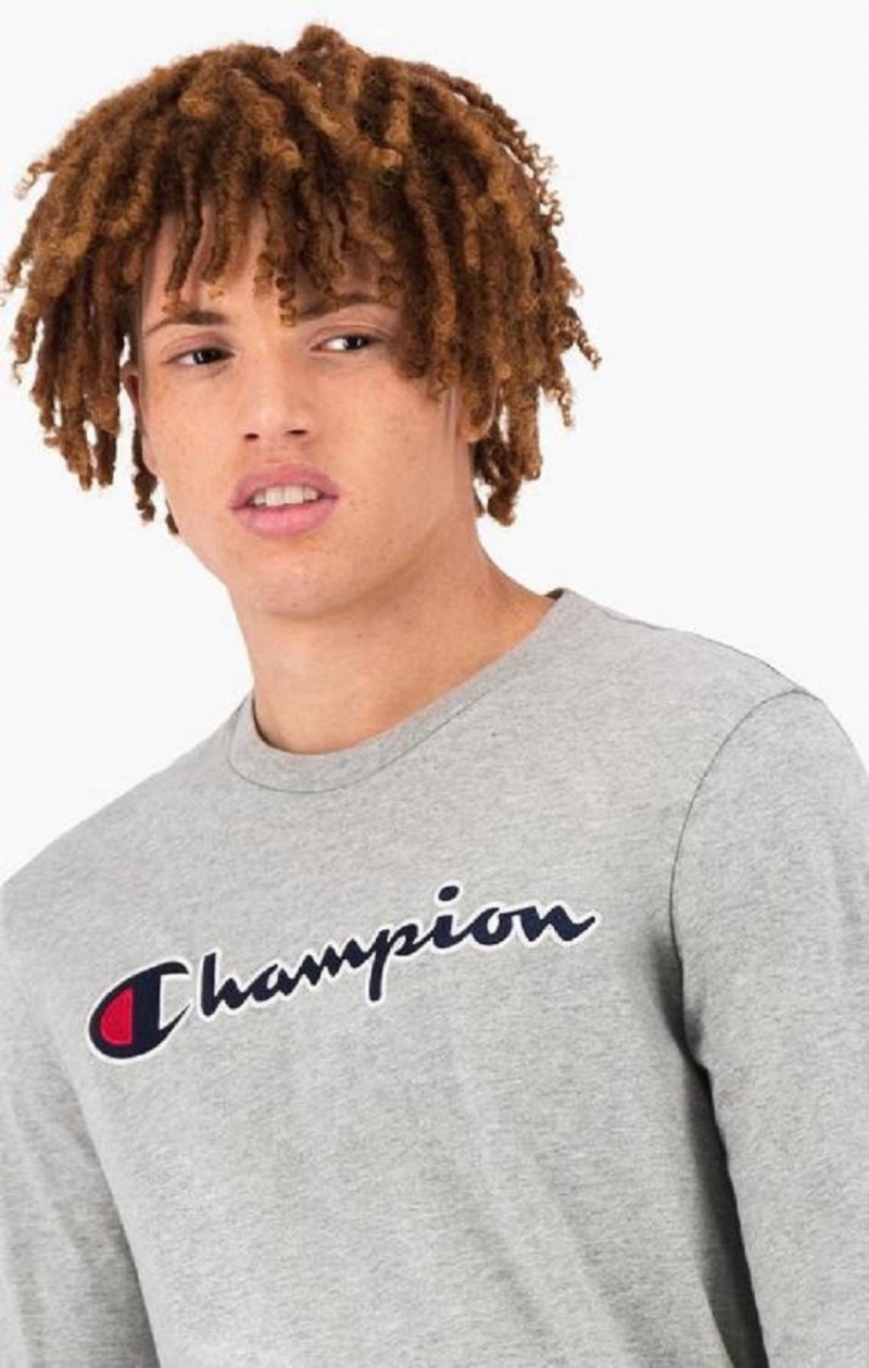 Champion Satin Stitch Script Logo T-Shirt Erkek Tişört Açık Gri | 6403-FHULK