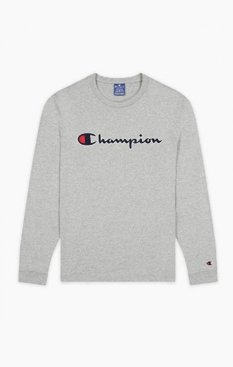 Champion Satin Stitch Script Logo T-Shirt Erkek Tişört Açık Gri | 6403-FHULK