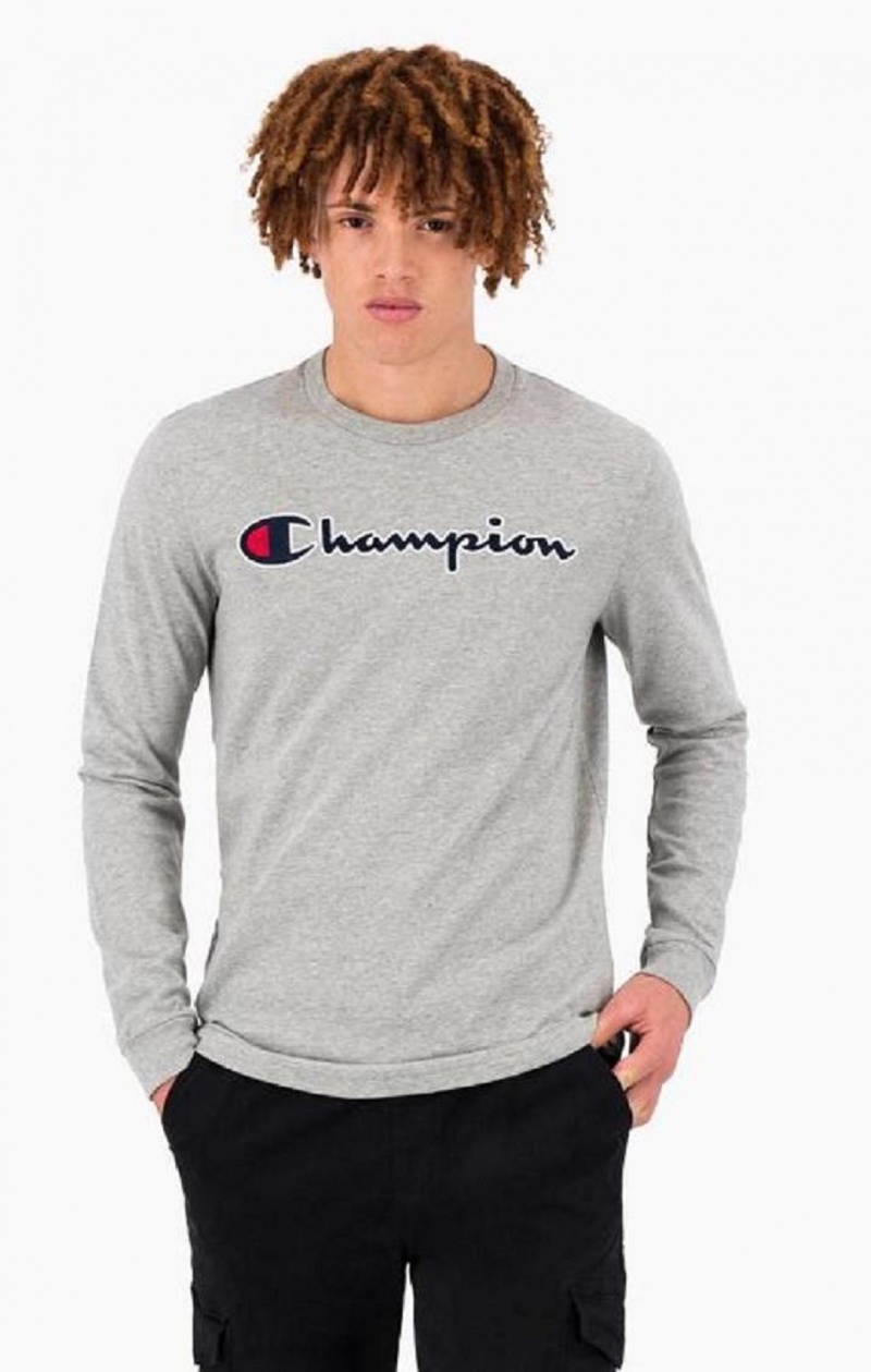 Champion Satin Stitch Script Logo T-Shirt Erkek Tişört Açık Gri | 6403-FHULK