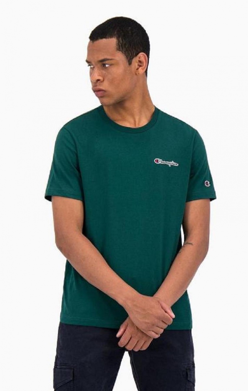 Champion Satin Stitch Small Script Logo T-Shirt Erkek Tişört Açık Yeşil | 8321-UNQSB