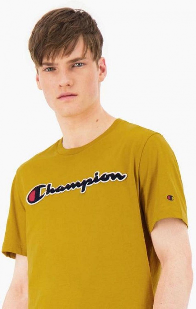 Champion Script Logo Crew Neck T-Shirt Erkek Tişört Altın | 9748-NKCFO