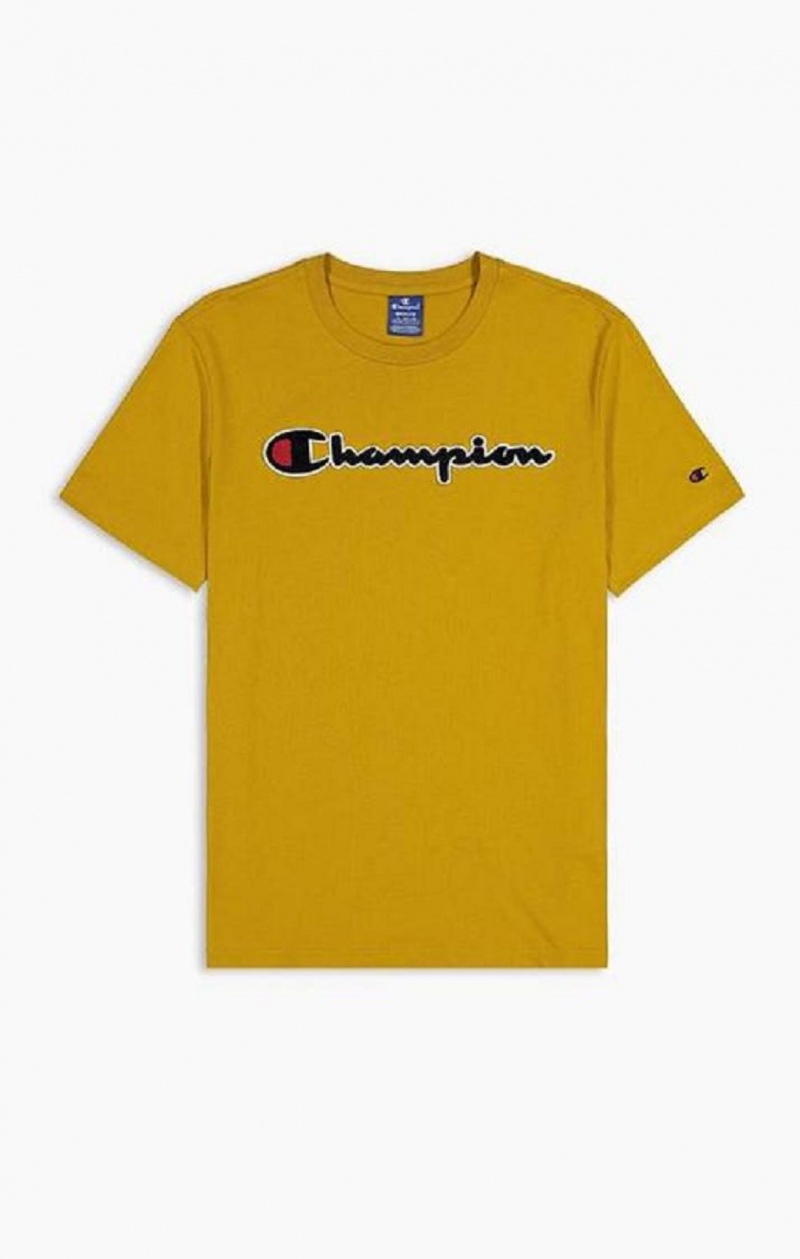 Champion Script Logo Crew Neck T-Shirt Erkek Tişört Altın | 9748-NKCFO