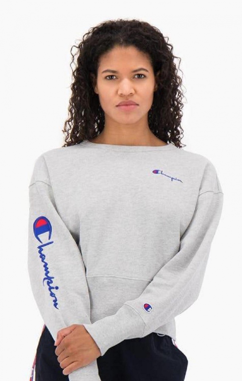 Champion Script Logo High Rib Reverse Weave Sweatshirt Kadın Tişörtü Açık Gri | 6193-NBAVD