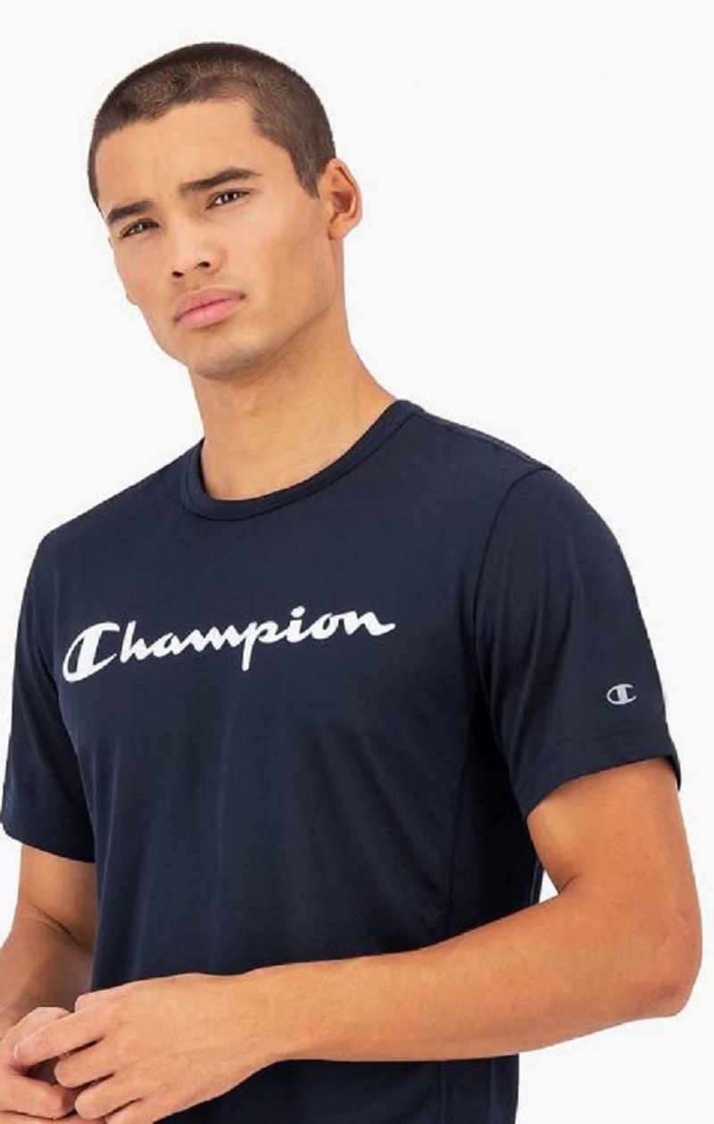 Champion Script Logo Mesh T-Shirt Erkek Tişört Koyu Mavi | 1695-CFIHT