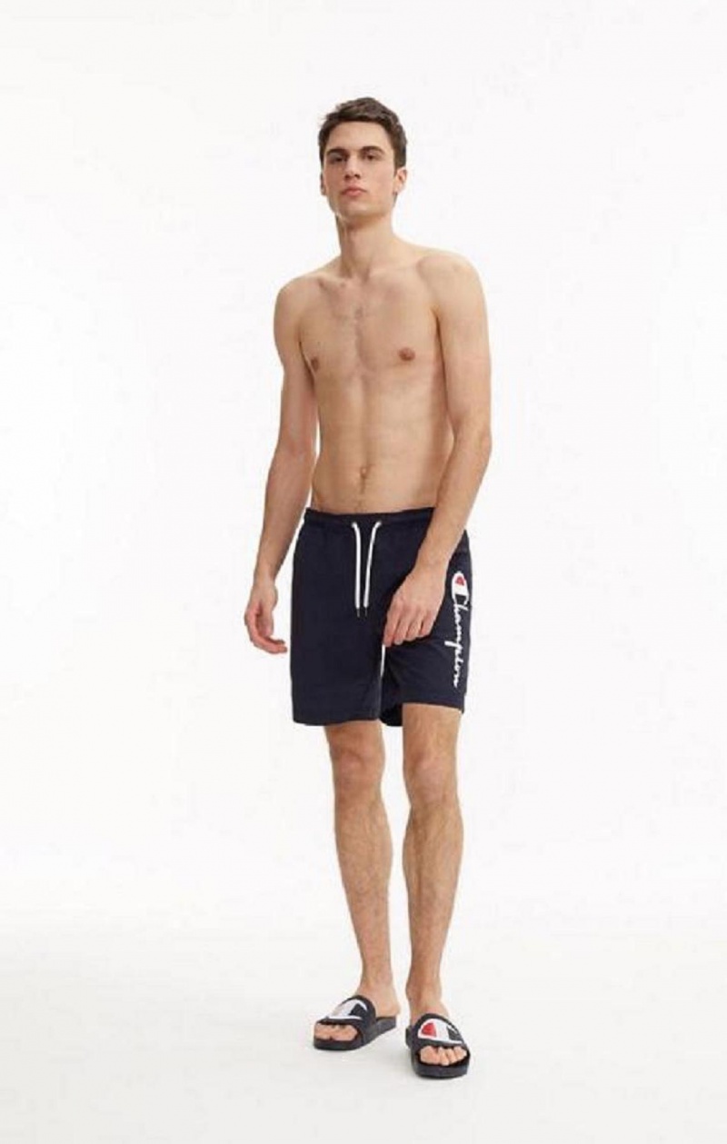 Champion Script Logo Print Board Shorts Erkek Mayo Koyu Mavi | 3740-VFJUL