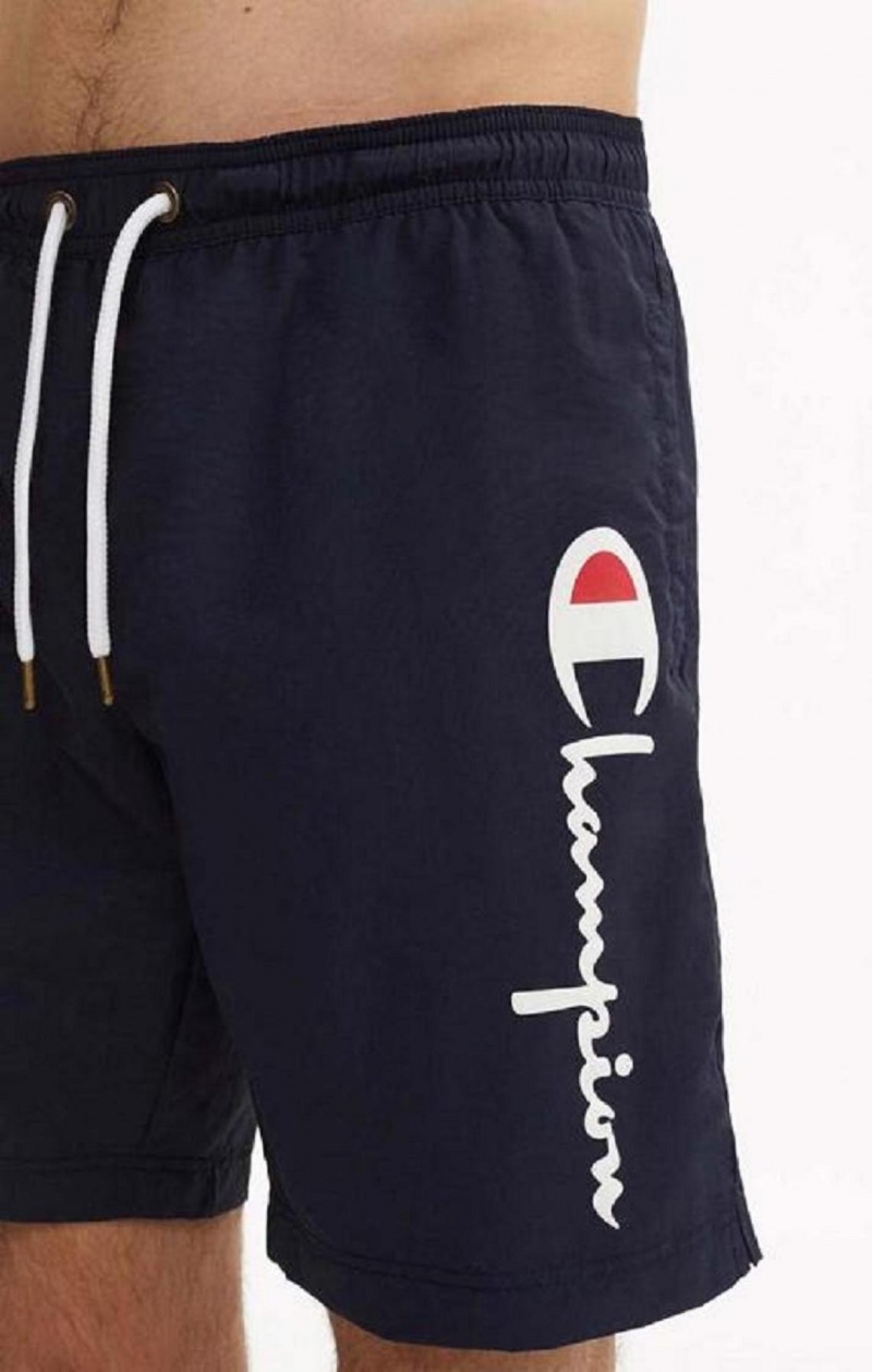 Champion Script Logo Print Board Shorts Erkek Mayo Koyu Mavi | 3740-VFJUL