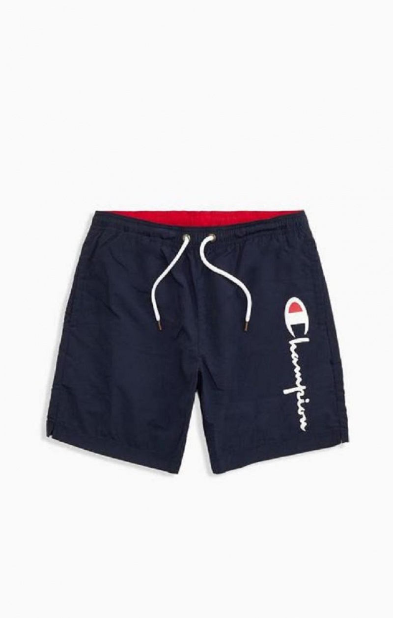 Champion Script Logo Print Board Shorts Erkek Mayo Koyu Mavi | 3740-VFJUL